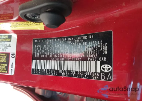 2015 Toyota Corolla S Plus из США, поврежденный, VIN 5YFBURHE3FP188982